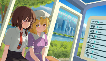 2girls absurdres black_skirt blonde_hair blush bow brown_eyes brown_hair bus_stop buttons city closed_mouth cloud collared_dress collared_shirt contrast_collar crescent dress frilled_sleeves frills hair_ribbon hand_on_bench hand_rest hands_on_own_thighs hat highres maribel_hearn mob_cap multiple_girls necktie on_bench outdoors purple_dress red_necktie red_ribbon ribbon sash shiro_(user_1048334293) shirt shirt_tucked_in short_hair short_sleeves sitting skirt smile tie_clip touhou tree usami_renko white_bow white_hat white_sash white_shirt yellow_eyes
