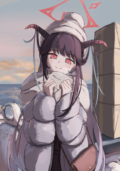 Rule 34 | 1girl, absurdres, bag, beanie, black hair, black horns, blue archive, box, cardboard box, commentary request, demon girl, demon horns, fuuka (blue archive), gradient hair, grey hat, grey scarf, hair on horn, halo, handbag, hat, highres, horns, kogure0012, long hair, long sleeves, motor vehicle, multicolored hair, puffy long sleeves, puffy sleeves, red eyes, red halo, scarf, scooter, sky, smile, solo, winter