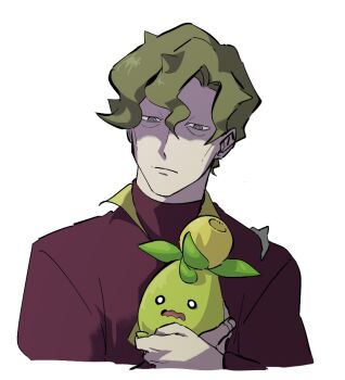 1boy bad_id bad_twitter_id brassius_(pokemon) closed_mouth commentary_request crossed_wrists green_hair gym_leader hair_between_eyes holding holding_pokemon jacket korean_commentary looking_down male_focus miummimimi nintendo pokemon pokemon_(creature) pokemon_sv short_hair simple_background smoliv upper_body white_background