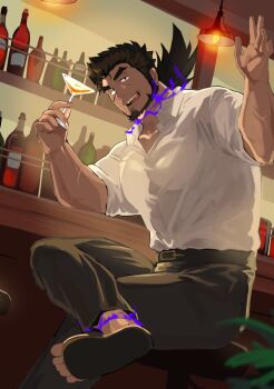 Rule 34 | 1boy, bar (place), bara, beard, black hair, blue fire, chinstrap beard, collared shirt, commentary request, cup, dark-skinned male, dark skin, drinking glass, dutch angle, facial hair, facial scar, fire, forked eyebrows, highres, large pectorals, leg up, looking at viewer, male focus, mature male, momodayuu4, muscular, muscular male, pants, pectorals, sandayu (housamo), scar, scar on cheek, scar on face, shirt, shirt tucked in, sitting, solo, thick eyebrows, tokyo houkago summoners, waving, wine glass