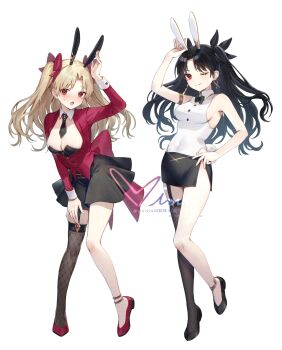 2girls alternate_costume black_bow black_bowtie black_hair black_necktie black_shoes black_skirt black_thighhighs blonde_hair blush bow bowtie breasts cleavage closed_mouth ereshkigal_(fate) fate/grand_order fate_(series) fishnet_thighhighs fishnets full_body garter_straps hand_on_own_hip hand_on_own_knee hand_up highres ishtar_(fate) large_breasts long_sleeves looking_at_viewer multiple_girls necktie one_eye_closed open_mouth playboy_bunny red_eyes red_shoes shirt shoes siblings signature siiqa_vivi simple_background single_garter_strap single_thighhigh sisters skirt sleeveless sleeveless_shirt thighhighs twitter_username two_side_up white_background white_shirt