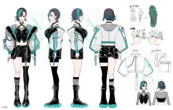 1girl aqua_hair aqua_nails black_boots black_bustier black_hair black_shirt black_skirt black_socks black_thighhighs boots bustier clothes_on_and_off colored_shoe_soles commentary_request cropped_jacket earrings fishnet_socks fishnets full_body gradient_hair hair_bun highres hololive hololive_dev_is jacket jewelry kneehighs long_sleeves midriff miniskirt multicolored_hair multiple_rings multiple_views navel nowri off_shoulder official_alternate_costume official_alternate_hairstyle platform_boots pointing_out_the_details reference_sheet rindo_chihaya rindo_chihaya_(flowglow_uniform) ring see-through_clothes see-through_shirt shirt short_hair simple_background single_hair_bun single_kneehigh single_sock single_thighhigh skirt socks streaked_hair thighhighs translation_request turnaround virtual_youtuber watermark white_background white_hair white_jacket zipper_skirt