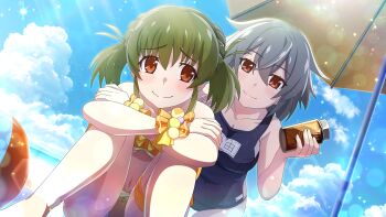 2girls ball beach beach_umbrella beachball bikini blue_one-piece_swimsuit bottle brown_eyes character_name closed_mouth cloud collarbone cumulonimbus_cloud dutch_angle embarrassed feet_out_of_frame game_cg green_hair grey_hair hair_between_eyes highres higurashi_no_naku_koro_ni higurashi_no_naku_koro_ni_mei holding holding_bottle hugging_own_legs kimiyoshi_kazuho kimiyoshi_natsumi knees_to_chest knees_up lens_flare light_particles light_rays looking_at_another multicolored_bikini multicolored_scrunchie multiple_girls name_tag navel non-web_source ocean official_art old_school_swimsuit one-piece_swimsuit outdoors school_swimsuit scrunchie short_hair sitting smile sparkle summer sunbeam sunlight swimsuit tanning_oil twintails umbrella wavy_mouth wrist_scrunchie