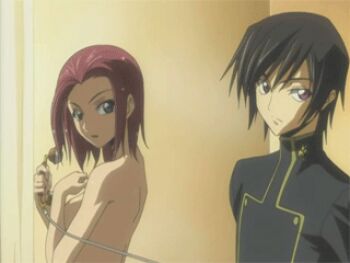 00s 1boy 1girl animated animated_gif anime_screenshot ass back breasts clothed_male_nude_female code_geass embarrassed kouzuki_kallen lelouch_vi_britannia lowres medium_breasts mixed-sex_bathing nude qvga red_hair shared_bathing showering sideboob wet