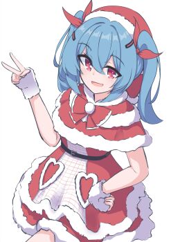 1girl absurdres blue_hair colphne_(girls'_frontline_2) commentary dress english_commentary girls'_frontline girls'_frontline_2:_exilium hair_between_eyes hat highres looking_at_viewer open_mouth red_eyes red_ribbon ribbon risu_(risu028) santa_costume santa_dress santa_hat short_hair simple_background v