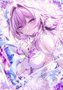 1girl absurdres bare_shoulders breasts commentary_request cyrene_(honkai:_star_rail) cyrene_(ripples_of_past_reverie)_(honkai:_star_rail) diamond-shaped_pupils diamond_(shape) dress flower hair_flower hair_ornament highres honkai:_star_rail honkai_(series) large_breasts long_hair looking_at_viewer matagi_14 pink_hair pointy_ears purple_eyes smile solo symbol-shaped_pupils very_long_hair white_dress