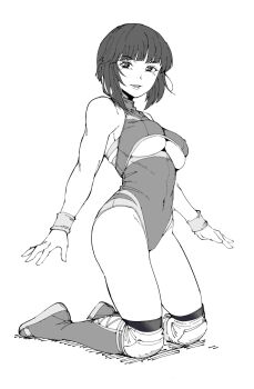 1girl bob_cut boots breasts cleavage_cutout clothing_cutout covered_navel greyscale highres knee_pads kneeling leotard lips looking_at_viewer medium_breasts minami_toshimi monochrome nexas open_mouth simple_background solo white_background wrestle_angels wrestle_angels_survivor wrestle_angels_survivor_2 wrestler wrestling_outfit wristband