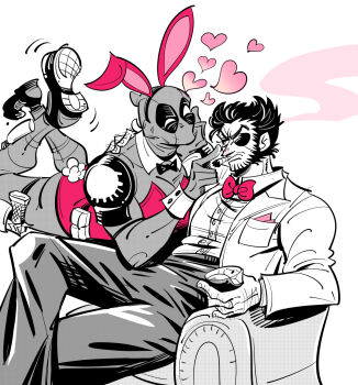 2boys animal_ears ass beard bodysuit bow bowtie cigar closed_mouth commentary_request cup deadpool deadpool_&amp;_wolverine deadpool_(series) drink eyepatch facial_hair fake_animal_ears fake_tail hand_hair hand_on_own_face heart highres holding holding_cup leotard looking_at_another male_focus male_playboy_bunny marvel marvel mouth_hold multiple_boys muscular muscular_male om85549 pants patch_(wolverine) pectorals pink_bow pink_bowtie pink_leotard rabbit_ears rabbit_tail shirt sitting smoke tail wolverine_(x-men) wrist_cuffs x-men yaoi