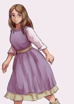 1girl brown_eyes brown_hair closed_mouth dress final_fantasy final_fantasy_tactics hanemikakko long_hair long_skirt looking_at_viewer purple_dress simple_background skirt solo tietra_heiral white_background