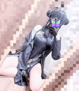 1girl black_coat black_gloves black_hair black_jacket breasts butterfly_wings cellphone censored china_dress chinese_clothes coat cosplay double_bun dress female_focus gloves hair_bun highres holding holding_phone insect_wings jacket kisaki_(blue_archive) kisaki_(blue_archive)_(cosplay) legs long_hair medium_breasts mikeneko_(vtuber) no_panties pelvic_curtain phone real_life sexually_suggestive sitting sleeveless sleeveless_dress smartphone solo solo_focus striped_clothes striped_coat striped_jacket thighs wings