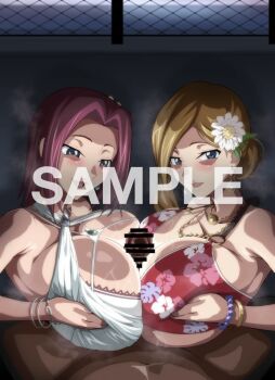 2girls bikini bikini_top_only breasts code_geass cooperative_paizuri hetero huge_breasts iwao178 kouzuki_kallen long_hair looking_at_another looking_at_viewer milly_ashford multiple_girls paizuri sample_watermark shiny_skin teamwork_(sexual) watermark