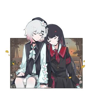 2girls artist_request bench beret black_choker black_dress black_hair black_hat black_shirt black_skirt choker closed_eyes collared_shirt commentary commission cowboy_shot dress flower gradient_hair hair_flower hair_ornament hat highres long_hair long_sleeves mahou_shoujo_no_majo_saiban multicolored_hair multiple_girls necktie nikaido_hiro on_bench outdoors park_bench pink_hair pleated_skirt red_flower red_necktie sakuraba_ema second-party_source shirt short_hair sitting skirt sleeping sleeping_on_person sleeping_upright symbol-only_commentary white_flower white_hair x_hair_ornament