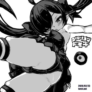 1girl ahoge armpit_crease ass backbeako_(torotei) backbeard bare_shoulders blush breasts cameltoe commentary dated dated_commentary dress from_below gegege_no_kitarou greyscale hair_over_one_eye hair_ribbon kono_lolicon_domome long_hair looking_at_viewer looking_down monochrome one_eye_closed open_mouth original paid_reward_available panties pointy_ears ribbon simple_background skindentation small_breasts solo strapless strapless_dress striped_clothes striped_thighhighs thighhighs torotei translated twintails underwear very_long_hair watermark web_address white_background