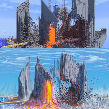 Rule 34 | 2b2t, artist name, benii21, cloud, commentary, destruction, english commentary, highres, landscape, lava, lava cast (minecraft), no humans, outdoors, water