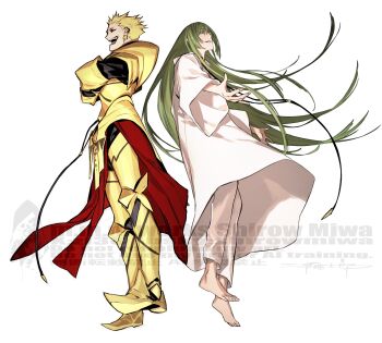 Rule 34 | 1boy, 1other, absurdres, androgynous, arabian clothes, armor, blonde hair, enkidu (fate), fate/strange fake, fate (series), gilgamesh (fate), gold armor, green hair, hashtag-only commentary, highres, long hair, miwa shirow, other with male, robe, toga, white robe