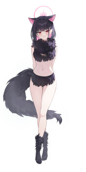 absurdres animal_ears bare_shoulders black_hair blue_archive cat_ears cat_girl halo highres kazusa_(blue_archive) kazusa_(halloween)_(blue_archive) looking_at_viewer medium_hair multicolored_hair navel official_alternate_costume ours3922 pink_eyes pink_hair pink_halo simple_background thighs two-tone_hair white_background