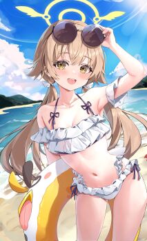 1girl :d absurdres adjusting_eyewear beach bikini blue_archive blush breasts brown_hair collarbone commentary_request day eyewear_on_head frilled_bikini frills hair_between_eyes halo hand_up hifumi_(blue_archive) hifumi_(swimsuit)_(blue_archive) highres holding holding_swim_ring innertube leaning_forward long_hair looking_at_viewer low_twintails medium_breasts navel official_alternate_costume open_mouth orchid_(orukido) outdoors round_eyewear side-tie_bikini_bottom smile solo stomach sunglasses swim_ring swimsuit teeth tinted_eyewear twintails upper_teeth_only very_long_hair water white_bikini yellow_eyes yellow_halo