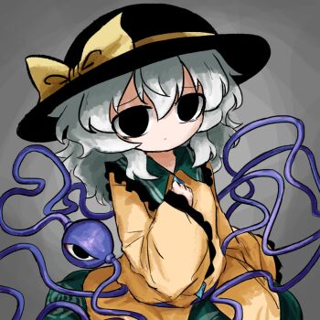 Rule 34 | 1girl, black hat, bow, buttons, closed mouth, collared shirt, commentary request, diamond button, empty eyes, eyeball, floral print, frilled shirt collar, frilled sleeves, frills, green hair, green skirt, grey background, hat, hat bow, heripantomorrow, komeiji koishi, long hair, long sleeves, looking at viewer, rose print, shirt, skirt, solo, third eye, touhou, unusually open eyes, wide sleeves, yellow bow, yellow shirt
