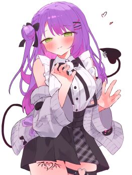 Rule 34 | 1girl, absurdres, black skirt, blush, closed mouth, colored inner hair, commentary request, demon girl, demon tail, green eyes, hair ornament, hairpin, heart, heart o-ring, highres, hololive, multicolored hair, o-ring, o-ring thigh strap, official alternate costume, pink hair, purple hair, shirt, skirt, solo, tail, tepenchi, thigh strap, tokoyami towa, tokoyami towa (jirai kei), virtual youtuber, white background, white shirt, x hair ornament