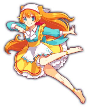 1girl anime_coloring anklet anna_miller apron aqua_bow aqua_eyes aqua_shirt artist_request back_bow bare_legs barefoot blush_stickers bow bowtie breasts buttoned_cuffs buttons cinderella_(crash_fever) collar collared_shirt crash_fever dot_nose frilled_skirt frills full_body game_cg gold_anklet hair_ears headscarf high-waist_skirt jewelry leg_up long_hair long_sleeves looking_at_viewer medium_breasts number_print numbered official_art open_hand orange_hair outline parted_lips petticoat print_apron red_outline shirt simple_background skirt sleeve_cuffs smile solo square square_print tachi-e third-party_source three-quarter_sleeves toenails toes transparent_background very_long_hair waitress white_apron white_bow white_bowtie white_collar wing_collar yellow_skirt