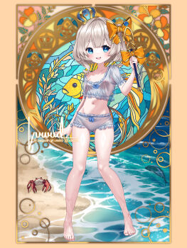 1girl barefoot beach blue_eyes bow breasts center-flap_bangs commentary crab crop_top crown double-parted_bangs english_commentary feet fish frilled_shorts frills full_body gluteal_fold grey_hair hair_bow highres holding holding_wand instagram_logo instagram_username looking_at_viewer luwudco marimari_(vtuber) midriff mini_crown navel nipples ocean open_mouth orange_bow phase_connect puffy_short_sleeves puffy_sleeves see-through_clothes shiny_skin shirt shore short_eyebrows short_hair short_shorts short_sleeves shorts side_ponytail signature small_breasts smile solo standing toes twitter_logo twitter_username virtual_youtuber wand water water_drop watermark web_address wet white_shirt white_shorts