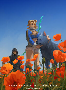 1boy 1girl blonde_hair blue_footwear blue_shirt blue_sky boots bow_(weapon) breasts brown_shorts chinese_commentary clear_sky cleavage cloak commentary_request crop_top dated_commentary double_bun feet_out_of_frame flower fur-trimmed_boots fur-trimmed_shorts fur-trimmed_sleeves fur_collar fur_trim green_shirt grey_cloak hair_bun hood hood_up hooded_cloak korean_text looking_afar medium_breasts midriff open_mouth orange_flower ragnarok_online shadow_cross_(ragnarok_online) shirt short_hair shorts shrug_(clothing) sky standing typo weapon wind_hawk_(ragnarok_online) wolf z.i