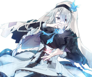 1girl bandages_over_clothes black_dress black_ribbon blue_fire braid breasts chaos_match_girl_(grimms_notes) covered_mouth dress fire grey_hair grimms_notes hair_over_one_eye highres iumi_urura juliet_sleeves long_hair long_sleeves matches patchwork_clothes puffy_sleeves ribbon simple_background solo upper_body veil white_background white_veil yellow_eyes