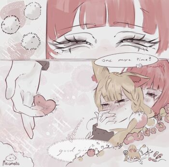 2girls alice_thymefield animal_ears blonde_hair blush closed_eyes commentary covering_own_mouth english_commentary english_text fingering fox_ears grey_eyes heart long_hair meonote multiple_girls red_hair sparkle speech_bubble sweat ukinami_yuzuha yuri zenless_zone_zero