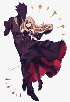 1boy 1girl animal_head bare_shoulders bird_boy black_dress black_gloves black_pantyhose black_skin black_suit blonde_hair caron_(higyaku_no_noel) choker closed_eyes colored_skin demon_boy dress eyepatch formal_clothes frilled_dress frills gloves highres higyaku_no_noel long_hair nanoko noel_cerquetti pantyhose sleeveless sleeveless_dress spoilers suit vest