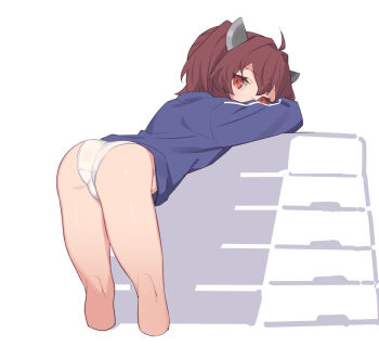 1girl ahoge ass bent_over brown_hair crotch_seam headgear highres jacket looking_at_viewer no_pants panties pants red_eyes short_hair solo touhoku_kiritan track_jacket track_pants underwear voiceroid white_panties yamamomo_(plank)