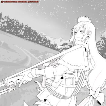 1girl circle_a dragunov_svd girls'_frontline gun long_hair monochrome rifle simple_background smile sniper_rifle solo standing svd_(girls'_frontline) twintails weapon white_hair