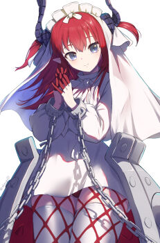 1girl chain colored_extremities commentary_request cowboy_shot cuffs dragon_girl dragon_horns dress elizabeth_bathory_(avenger)_(fate) elizabeth_bathory_(fate) fate/grand_order fate_(series) fishnets_over_socks highres horns long_hair looking_at_viewer okina_(805197) panties pointy_ears red_hair red_panties simple_background smile solo steepled_fingers two_side_up underwear veil white_background white_dress white_headdress white_veil