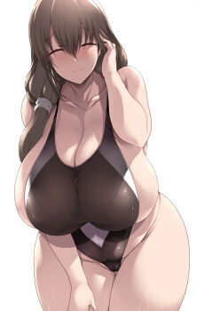 1girl 2022 blush breasts brown_hair bursting_breasts cleavage closed_eyes competition_swimsuit female_focus grey_hair higher_resolution_available highres huge_breasts long_hair looking_at_viewer mature_female one-piece_swimsuit side_ponytail sideboob simple_background smile swimsuit thick_thighs thighs tsukasawa_takamatsu uzaki-chan_wa_asobitai! uzaki_tsuki white_background wide_hips