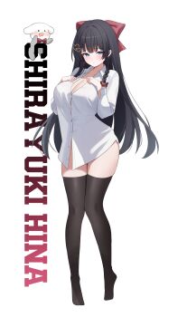 1girl absurdres black_hair black_thighhighs blue_eyes bow braid breasts button_gap buttons character_name cleavage closed_mouth collared_shirt dress_shirt frown full_body hair_bow hair_ornament heart heart_hair_ornament highres large_breasts long_hair long_sleeves looking_at_viewer naked_shirt nannung no_shoes partially_unbuttoned shirayuki_hina shirt simple_background solo stellive thighhighs tiptoes very_long_hair virtual_youtuber white_background white_shirt