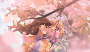 2girls blonde_hair blue_hoodie blue_ribbon brown_jacket cherry_blossoms chinese_commentary closed_eyes collared_shirt commentary_request couple day dress_shirt fafayu falling_petals floating_hair flower hair_flower hair_ornament hair_ribbon highres hood hoodie inoue_takina jacket kiss long_hair lycoris_recoil multiple_girls neck_ribbon nishikigi_chisato one_side_up outdoors petals protected_link purple_ribbon purple_shirt revision ribbon shirt short_hair upper_body yuri