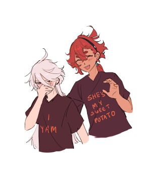 2girls black_hairband black_shirt blush closed_eyes commentary covering_own_mouth english_commentary english_text grey_hair gundam gundam_suisei_no_majo hairband hand_up highres long_hair miorine_rembran multiple_girls open_mouth print_shirt red_hair shirt simple_background smile suletta_mercury tanukimo_imo thick_eyebrows white_background yuri