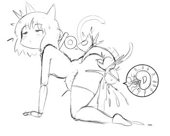 1girl absurdres ahegao animal_ears bestiality breasts cat cat_ears cat_tail cum cum_in_pussy excessive_cum greyscale highres huge_testicles madmex monochrome nichijou robot sakamoto_(nichijou) sex shinonome_nano short_hair sketch small_breasts stomach_bulge tail testicles thighhighs wide-eyed winding_key x-ray
