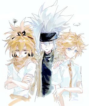 Rule 34 | ..., 3boys, ahoge, alternate costume, aotu world, black hairband, black headband, black shirt, blonde hair, blue eyes, brown coat, chinese commentary, closed eyes, closed mouth, coat, collared shirt, crossed arms, facial mark, godrose (aotu world), grey (aotu world), hair between eyes, hairband, hand on another's shoulder, headband, highres, king (aotu world), long hair, long sleeves, looking at viewer, male focus, male harem, multiple boys, necktie, open clothes, open coat, oreoc, parted lips, pointy ears, scarf, shirt, short hair, short sleeves, simple background, spiked hair, spoken ellipsis, squiggle, turtleneck, upper body, white background, white hair, white shirt, yaoi, yellow eyes, yellow necktie, yellow scarf