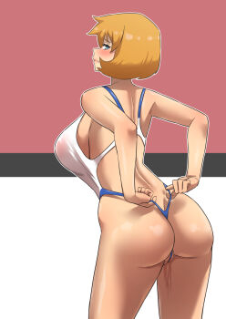 1girl akai_melon ass back blush breasts cleft_of_venus competition_swimsuit cowboy_shot embarrassed eyelashes female_focus gen_1_pokemon green_eyes gym_leader hair_between_eyes highres holding huge_ass huge_breasts large_breasts legs looking_at_viewer looking_back misty_(pokemon) nintendo one-piece_swimsuit one-piece_thong orange_hair pokemon pokemon_hgss pussy pussy_juice short_hair simple_background solo standing swimsuit thick_thighs thighs thong white_one-piece_swimsuit