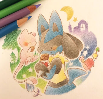 1other art_tools_in_frame blush candy chocolate chocolate_bar closed_mouth colored_pencil_(medium) commentary_request crescent_moon food furry gen_1_pokemon gen_4_pokemon happy legendary_pokemon looking_at_another lucario mew_(pokemon) moon mythical_pokemon nintendo painting_(medium) photo_(medium) pokemon pokemon_(creature) toy_train traditional_media watercolor_(medium) yukichi_0611