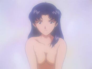 1girl animated anime_screenshot black_eyes breasts collarbone katsuragi_misato large_breasts long_hair looking_at_viewer mature_female neon_genesis_evangelion no_nipples nude pov purple_hair seductive_gaze seductive_smile smile tagme video