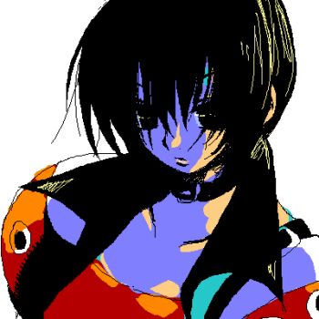 1girl artist_request bad_id belt_collar black_collar black_eyes black_hair collar collarbone commentary_request jaggy_lines long_bangs lowres rutee_katrea short_hair simple_background solo tales_of_(series) tales_of_destiny upper_body white_background
