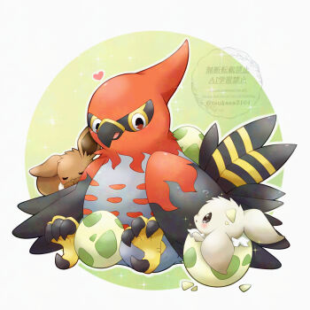 alternate_color animal_focus beak bird brown_fur closed_eyes commentary_request eevee egg gen_1_pokemon gen_6_pokemon hatching heart highres nintendo no_humans open_mouth pokemon pokemon_(creature) pokemon_egg pokemon_focus red_eyes shiny_pokemon tail talonflame talons tsukasa_pika white_fur wings