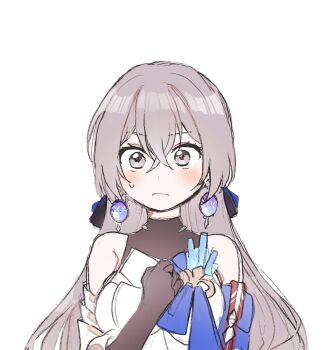 Rule 34 | 1girl, 5rwpvc, bare shoulders, black gloves, black ribbon, blush, breasts, bronya rand, clenched hand, closed mouth, crossed bangs, detached sleeves, dress, earrings, elbow gloves, gloves, grey eyes, grey hair, hair between eyes, hair ribbon, hand on own chest, hand up, highres, honkai: star rail, honkai (series), jewelry, long hair, long sleeves, looking at viewer, medium breasts, ribbon, simple background, sleeveless, sleeveless dress, solo, sweatdrop, upper body, white background, white dress