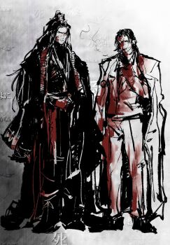 2boys black_hair blood blood_on_clothes chinese_clothes cigar commentary_request diandao210046 facing_viewer full_body gloves hair_ornament hand_up hanfu high_ponytail highres jacket jacket_on_shoulders jia_qiu_(project_moon) lei_heng_(project_moon) limbus_company looking_at_viewer male_focus mullet multiple_boys ponytail project_moon scarf shirt smirk smoke smoke_trail standing stole too_many_watermarks vest watermark xiao_guan_(headdress)