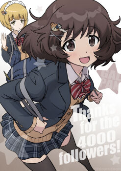 2girls akiyama_yukari alternate_costume backpack bag black_thighhighs blazer blonde_hair blue_jacket blue_skirt blunt_bangs bob_cut boko_(girls_und_panzer) bow bowtie brooch brown_cardigan brown_eyes brown_hair cardigan closed_mouth commentary cutlass_(girls_und_panzer) dress_shirt ehirorotoon english_text girls_und_panzer hair_ornament hairclip highres jacket jewelry leaning_forward light_blush light_frown long_sleeves looking_at_viewer maid_headdress messy_hair milestone_celebration miniskirt multiple_girls open_mouth plaid_clothes plaid_skirt pleated_skirt red_bow red_bowtie school_uniform shirt short_hair skirt smile standing star_brooch thighhighs twitter_username white_shirt wing_collar yellow_eyes