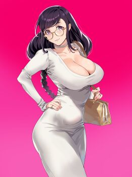Rule 34 | 1girl, absurdres, alternate costume, bag, braid, breasts, choker, cleavage, commentary, dongtan dress, dress, firstdayiyui, glasses, gradient background, hand on own hip, hanekawa tsubasa, highres, jewelry, large breasts, long hair, looking at viewer, monogatari (series), parted lips, pink background, purple eyes, purple hair, ring, shoulder bag, smile, solo, teeth, twin braids, white choker, white dress