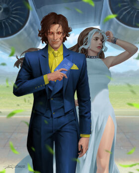 1boy 1girl aircraft airplane black_sclera blue_jacket blue_pants blue_suit blue_vest blurry blurry_background bracelet brown_eyes brown_hair colored_sclera commentary couple dress english_commentary formal_clothes gambit grass hetero highres holding jacket jewelry korean_text long_hair looking_up marvel multicolored_hair neckerchief official_art pants parted_hair passport red_eyes rogue_(x-men) runway shirt side_slit signature smile studded_bracelet studded_choker suit vest white_dress white_hair x-men yellow_neckerchief yellow_shirt yoon_junggeun
