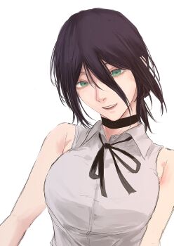 1girl absurdres black_hair black_ribbon breasts chainsaw_man green_eyes grey_shirt hair_between_eyes highres large_breasts looking_at_viewer nabe92213 neck_ribbon reze_(chainsaw_man) ribbon shirt simple_background sleeveless sleeveless_shirt solo teeth white_background
