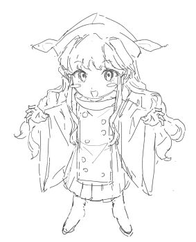 1girl blush_stickers chibi commentary constellation_print dot_nose english_commentary eyelashes hakama hakama_short_skirt hakama_skirt happy hat highres japanese_clothes kimono lineart long_hair long_sidelocks long_sleeves looking_at_viewer matara_okina no_shoes open_mouth outstretched_arms print_tabard short_kimono sidelocks simple_background skirt smile socks solo standing tabard tansuyuli touhou turtleneck very_long_hair wavy_hair white_background wide_sleeves